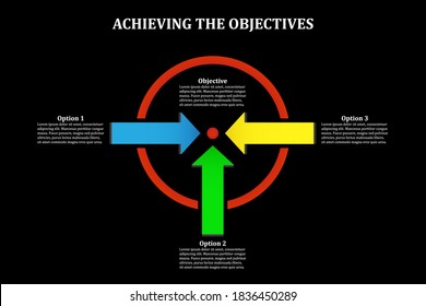 Achieving The Objectives - 3 Converging Arrows, Vector Infographic Illustration On Black Background