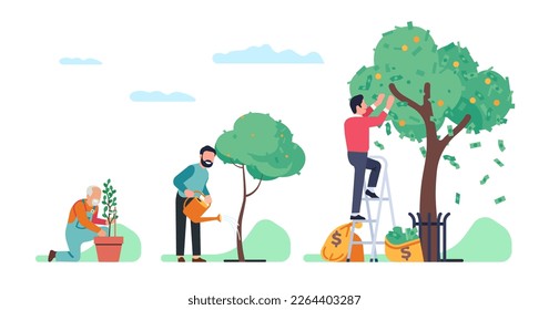 Achieving results by different generations from old man to young guy. Man caring of money tree. Investment profit growth. Financial strategy. Family economy success