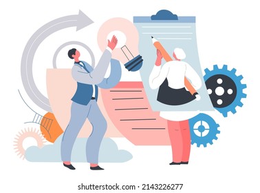 Achieving success in business with help of creative ideas of employees and teamwork. Collaboration and help, assistance in startup. Brainstorming team, technologies and improvement. Vector in flat