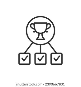 Achieving success by completing tasks, linear icon. Checklists and the trophy. The path to success. Line with editable stroke