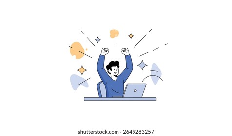 Alcançando o sucesso e celebrando um triunfo com as mãos levantadas na vitória ao trabalhar em uma ilustração de notebook