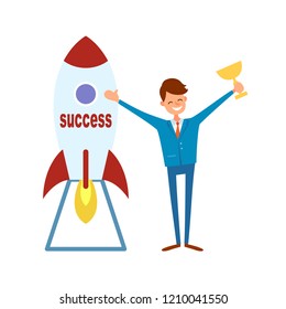 Achieving success, happy businessman with trophy cup and rocket ready to start with burning fire. Achievement of best results in career concept, vector