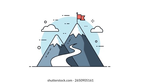 Achieving success reaching the summit of the mountain on a winding path with a red flag