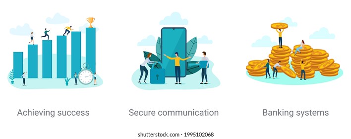 Lograr el éxito, Comunicación segura, Sistemas bancarios.Un conjunto de ilustraciones vectoriales sobre el tema de los negocios.Ilustraciones abstractas.