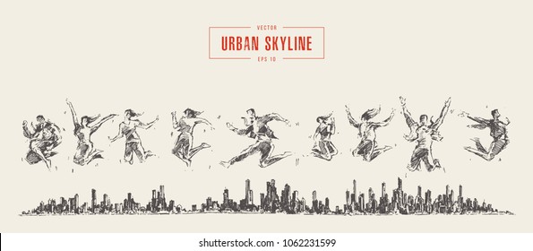 Achieving success, silhouettes of jumping persons, business people, vector illustration, sketch