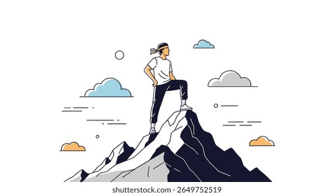 Achieving success through perseverance and determination on top of a mountain peak