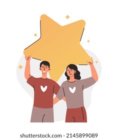 Achieving success or victory concept. Young man and woman smile and hold large yellow star. Productive employees promote company and get rewarded. Cartoon contemporary flat vector illustration