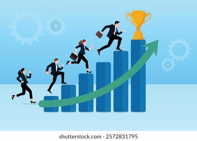 Achieving team success or working as a team to achieve goals.Developing a career or implementing business strategies to win. A group of businessmen are running towards the trophy on a rising graph.