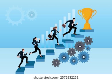 Achieving team success or working as a team to achieve goals.Developing a career or implementing business strategies to win. A group of businessmen are running towards the trophy on a rising graph.