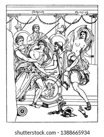 Achilles, a Greek warrior, surrounded by soldiers with swords and arrows. Soldiers are pulling him to take away from his throne, vintage line drawing or engraving illustration.