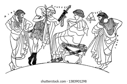 Achilles sitting on a chair and his soldiers are supporting his chair with their spears, vintage line drawing or engraving illustration.