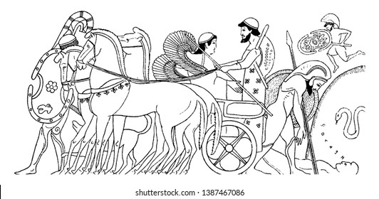 Achilles Sitting On A Horse Chariot. In Greek Mythology, Horse Name Was Hector Which In Fact Was A Trojan Prince And Fighter, Vintage Line Drawing Or Engraving Illustration.