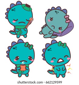 An aching dinosaur with a thermometer, a mug. Stickers. Vector flat illustration