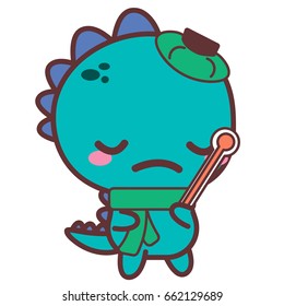 An aching dinosaur with a thermometer, a mug. Stickers. Vector flat illustration