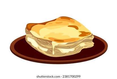 Achma ,Traditional cheesy Georgian dish, variety of khachapuri. Layers of tender dough, a crispy top, and lots of cheese in between.Bakery Flat Vector Illustration isolated on white background.