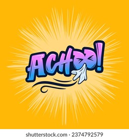 Achoo word for sneezing action or someone with cold. Best to show A sick person's action in a comic style word vector. png sticker can be printed.