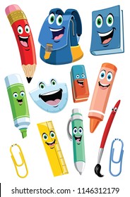 achool supplies cartoon character set