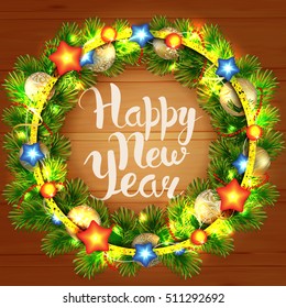 aChristmas vector card with realistic balls, garland, stars and fir tree. Wreath on wooden table. Shiny winter background with glitter golden frame. Handwritten calligraphy inscription Happy New Year.