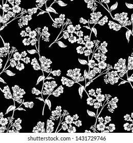  Achromatic seamless pattern in the form of sockets of white flowers on a black background.
                                      