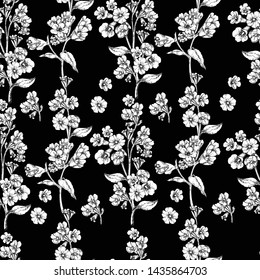  Achromatic seamless pattern in the form of sockets of white flowers on a black background.
                                      