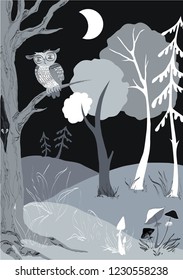Achromatic vector illustration with owl. Black and white graphic illustration with an owl. Children's illustration. Night forest graphics.