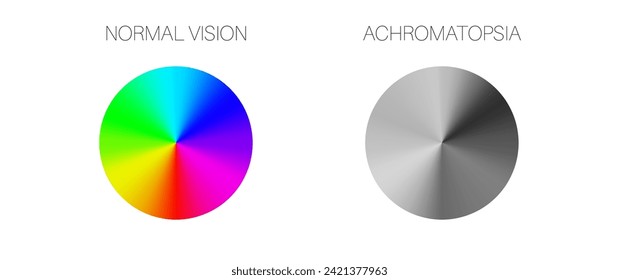 Achromatopsia and normal vision, color blindness infographic. Human vision deficiency concept. Difference between colors, brightness and intensity of shades. Eye abnormality flat vector illustration