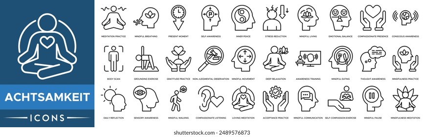 Achtsamkeit icon set. Meditation Practice, Mindful Breathing, Present Moment, Self-awareness, Inner Peace, Stress Reduction and Mindful Living