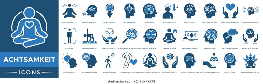 Achtsamkeit-Icon-Set. Meditationspraxis, Achtsames Atmen, Gegenwart, Selbstbewusstsein, innerer Frieden, Stressabbau und achtsames Leben