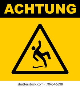 Achtung, wet floor sign. Black and yellow warning sign with man slipping symbol, vector illustration.