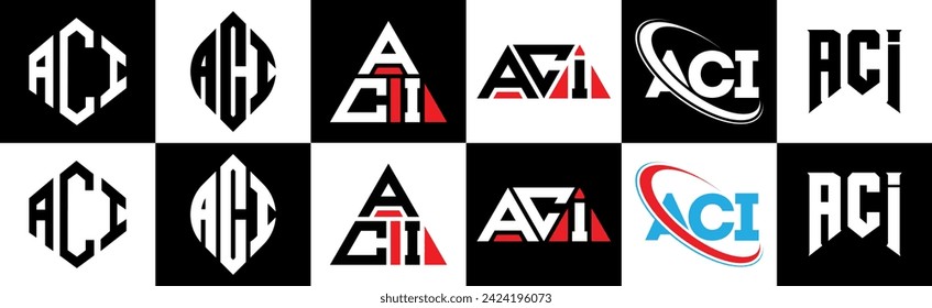 ACI letter logo design in six style. ACI polygon, circle, triangle, hexagon, flat and simple style with black and white color variation letter logo set in one artboard. ACI minimalist and classic logo