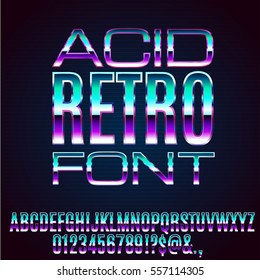 Acid 80's And 90's Retro Style Vector Font With Chrome Effect On Letters