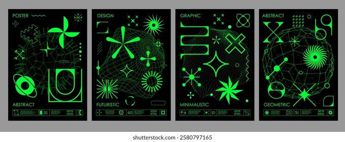 Acid abstract brutal y2k geometric posters. Vector vertical backgrounds with glowing green neon forms and shapes, embodying chaotic, digital retro futurism in style of early 2000s techno cyber culture