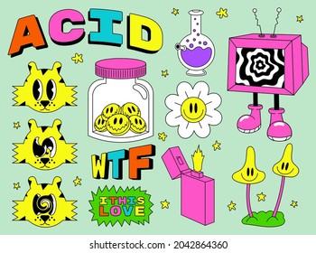 Acid Abstract Characters And Objects. In A Cartoon Style, A Set Of Bright Psychedelics, All Elements Are Isolated