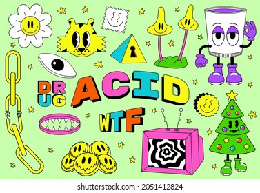 Acid abstract characters and objects. In a cartoon style, a set of bright psychedelics, all elements are isolated
