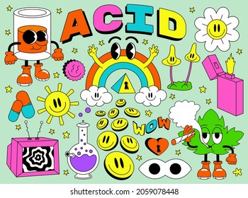 Acid abstract characters and objects. In a cartoon style, a set of bright psychedelics, all elements are isolated