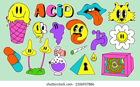 Acid Abstract Characters And Objects. In A Cartoon Style, A Set Of Bright Psychedelics, All Elements Are Isolated