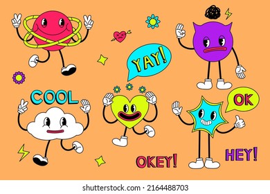 Acid abstract characters and objects. In a cartoon style, a set of bright psychedelics, all elements are isolated EPS