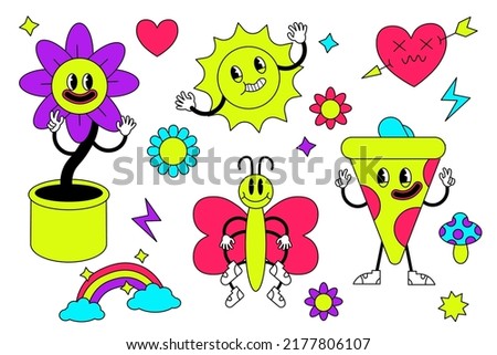 Acid abstract characters and objects. In a cartoon style, a set of bright psychedelics, all elements are isolated EPS
