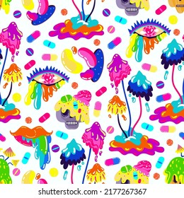 Acid abstract characters and objects. Pattern. background. Vector illustration surreal psychedelic mushrooms, skulls, lips, portal.
