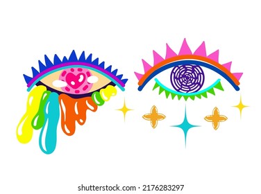 Acid abstract characters and objects. Psychedelic Decorative Templates. Vector illustration surreal acid eyes. Posters and prints for tee