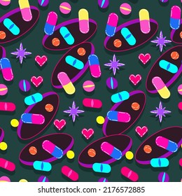 Acid abstract characters and objects. Psychedelic Decorative Templates. Vector illustration surreal portals, pills, acid backgrounds. Pattern. Dark background