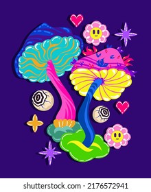 Acid abstract characters and objects. Psychedelic Decorative Templates. Posters and prints for tee, streetwear. Vector illustration surreal surreal psychedelic mushrooms.