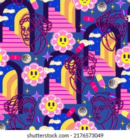 Acid abstract characters and objects. Psychedelic Decorative Templates. Pattern. Dark background. Vector illustration surreal portals, Greek head acid backgrounds.