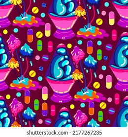 Acid abstract characters and objects. Psychedelic Decorative Templates. Vector illustration surreal acid lava lamp, psychedelic mushrooms. Pattern. Dark background