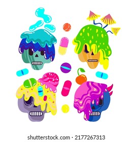 Acid abstract characters and objects. Psychedelic Decorative Templates. Vector illustration surreal acid Skulls, psychedelic pills. Posters and prints for tee