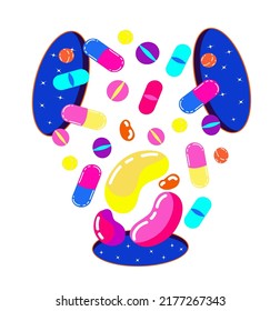 Acid abstract characters and objects. Psychedelic Decorative Templates. Posters and prints for tee. Vector illustration surreal portals, pills, acid backgrounds