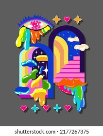 Acid abstract characters and objects. Psychedelic Decorative Templates. Posters and prints for tee, streetwear. Vector illustration surreal portals.