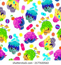 Acid abstract characters and objects. Psychedelic Decorative Templates. Vector illustration surreal acid Skulls, psychedelic pills. Pattern. Light background