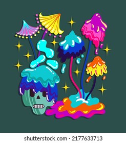 Acid abstract characters and objects. Psychedelic Decorative Templates. Vector illustration surreal psychedelic mushrooms and skulls. Posters and prints for tee