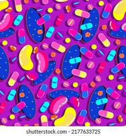 Acid abstract characters and objects. Psychedelic Decorative Templates. Pattern. Dark background. Vector illustration surreal portals, pills, acid backgrounds